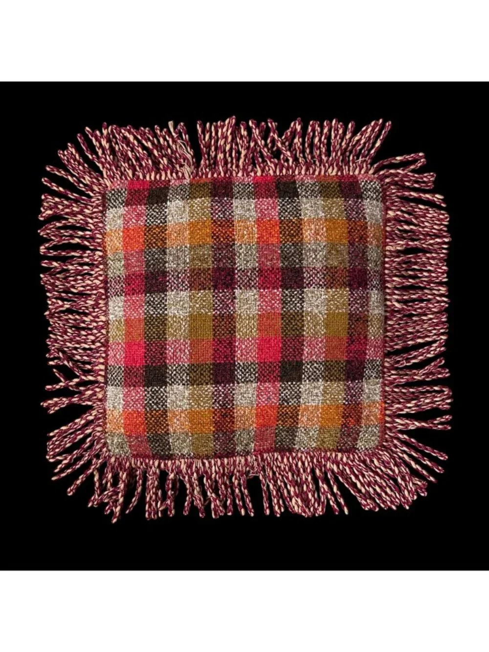 Vintage Plaid Throw Pillow 1970s Fringe Red Orange Brown Couch Cushion Retro